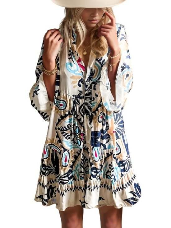 Dresses & Skirts - Opemiby Summer Dresses for Women  White  Flowy Ruffle 3/4 Sleeve V Neck Casual